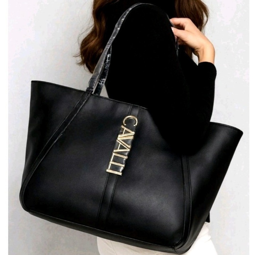 Cavalli Class Sandra Shopper Tote Bag Womens Black Onyx Shoulder Purse Sleek NEW